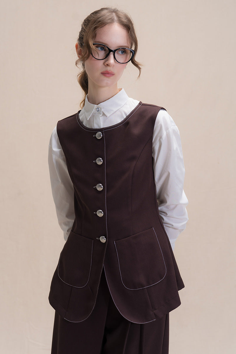 Contrast Topstitch Vest In Dark Brown