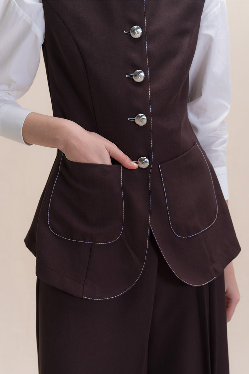 Contrast Topstitch Vest In Dark Brown
