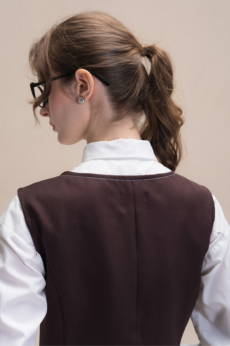 Contrast Topstitch Vest In Dark Brown