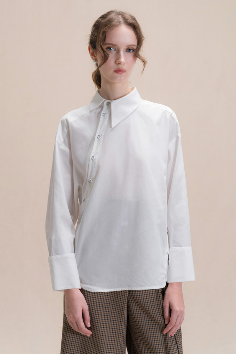 Shirt With Asymmetric Buttons In White Tencel