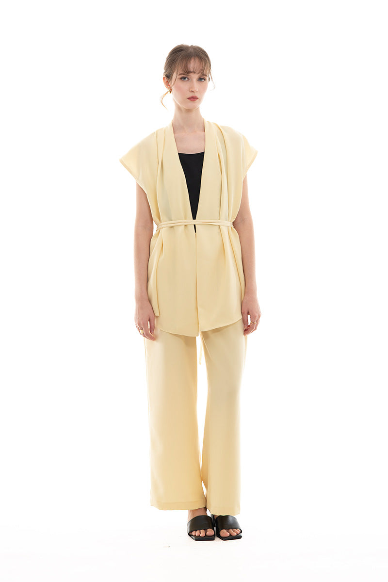 Cap-Sleeved Tie Waist Vest In Butter Yellow