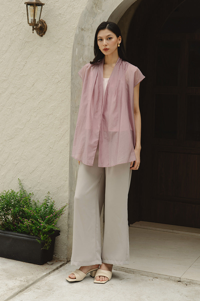 Cap-Sleeved Tie Waist Vest In Mauve Pink