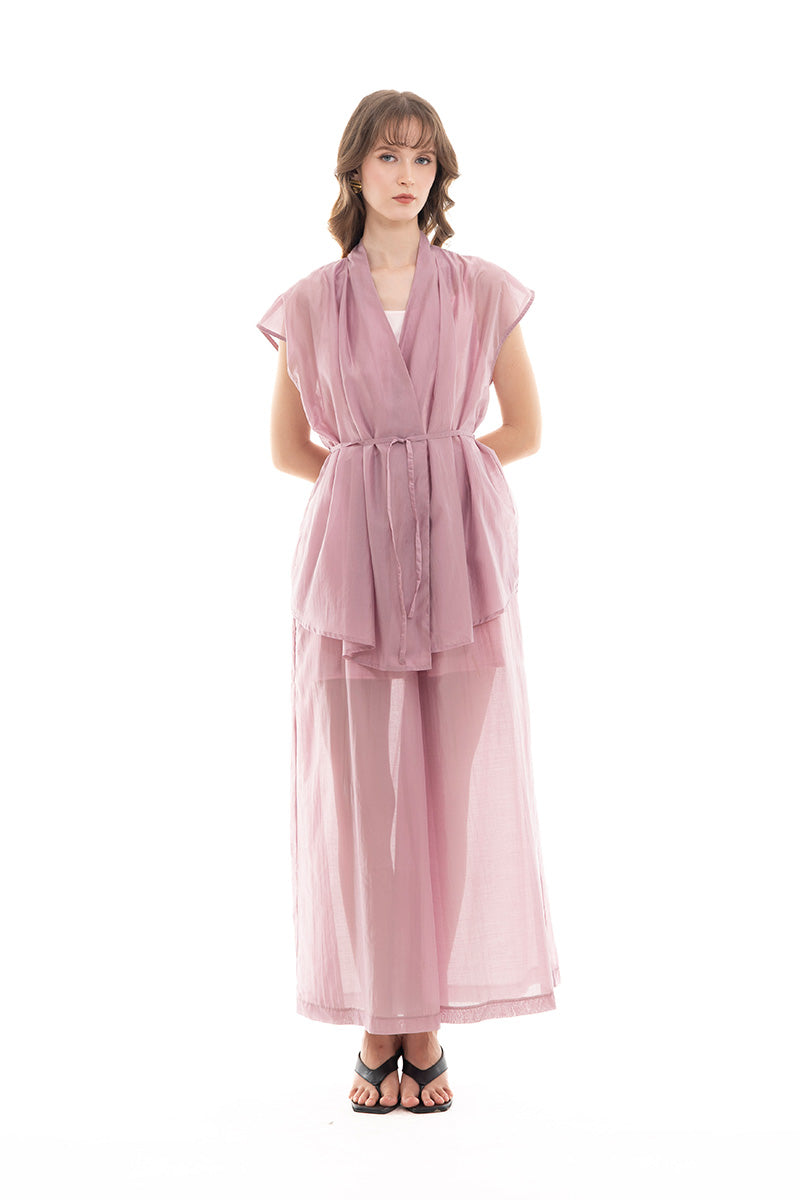 Cap-Sleeved Tie Waist Vest In Mauve Pink