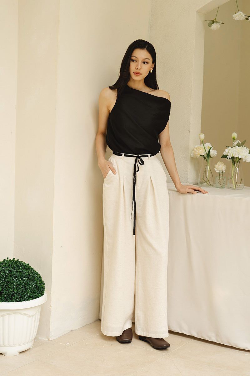 Natural Pleated Wide Leg Pants In Broken White