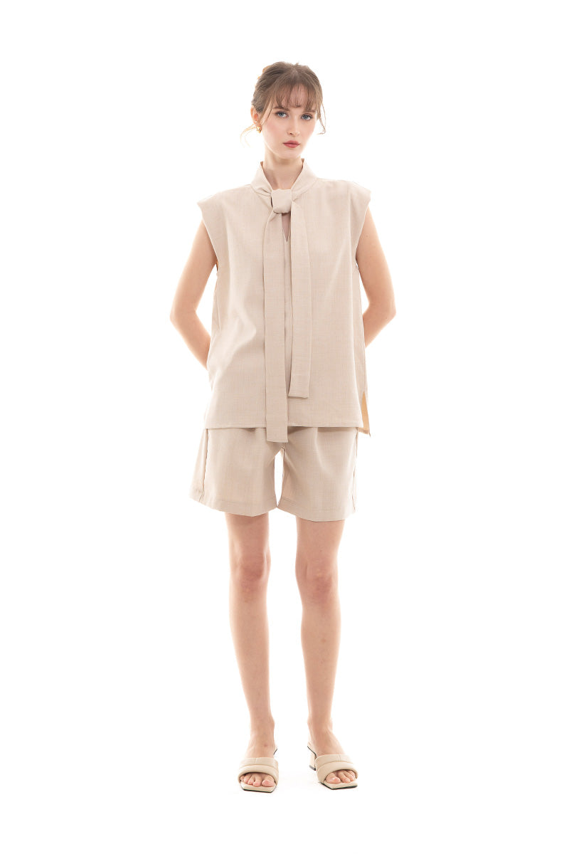 Scarf-Neck Sleeveless Top In Beige