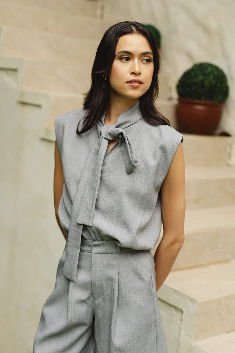 Scarf-Neck Sleeveless Top In Light Grey
