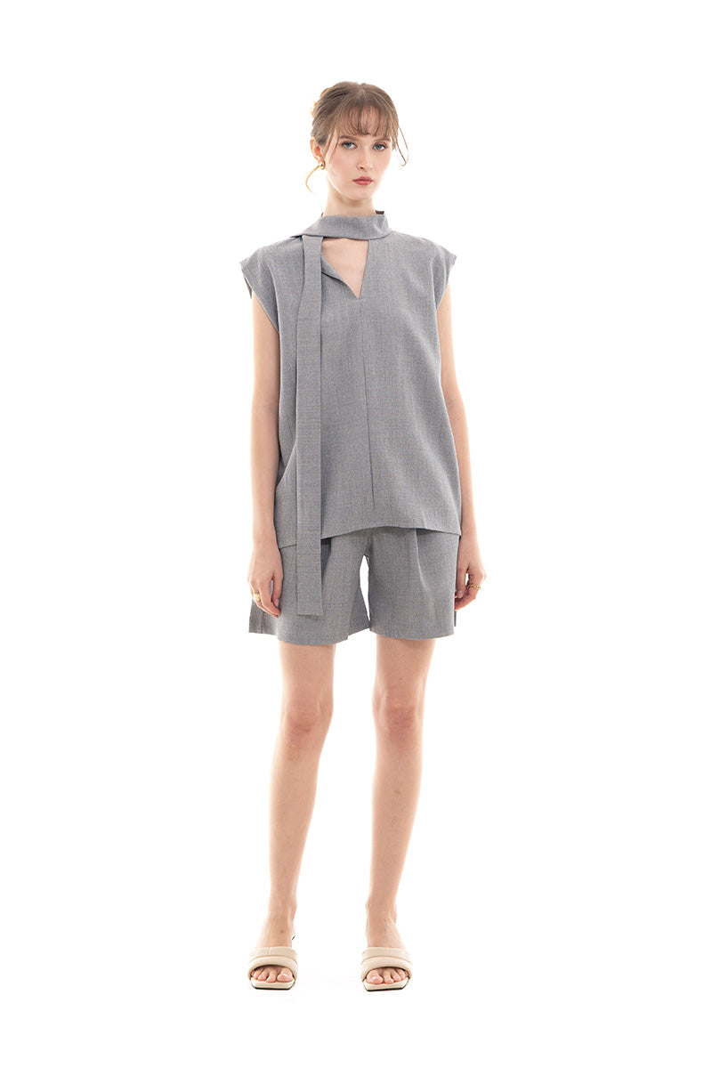 Scarf-Neck Sleeveless Top In Light Grey