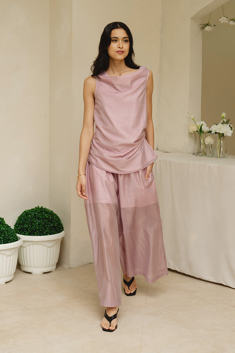 Sheer Wide Leg Pants In Mauve Pink