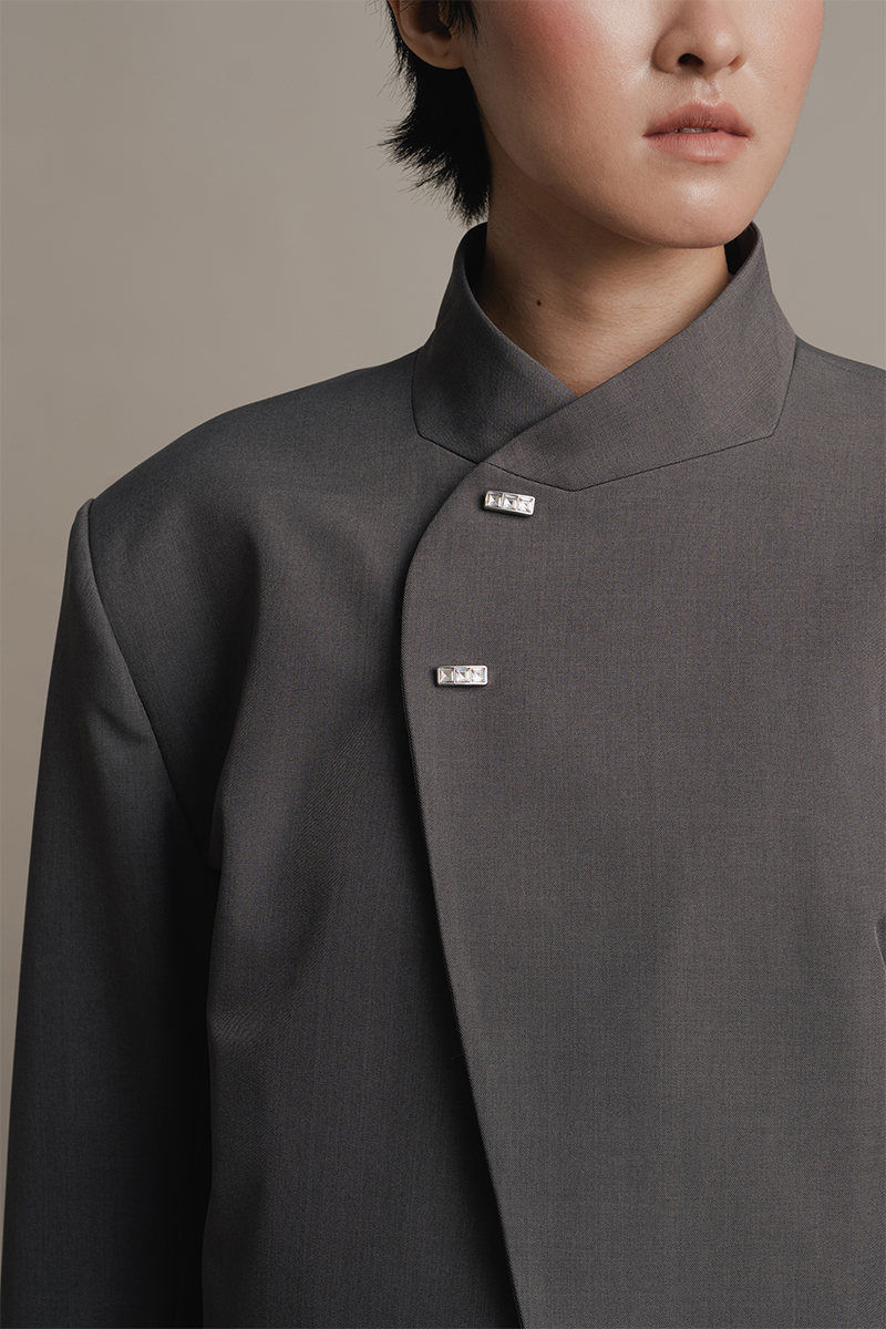 Asymmetric Stand Collar Beskap In Ink Grey