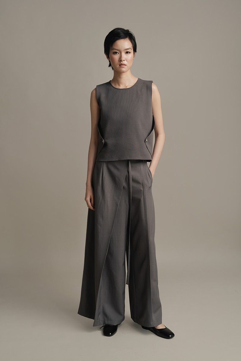 Asymmetric Wrap Wide Leg Pants In Ink Grey