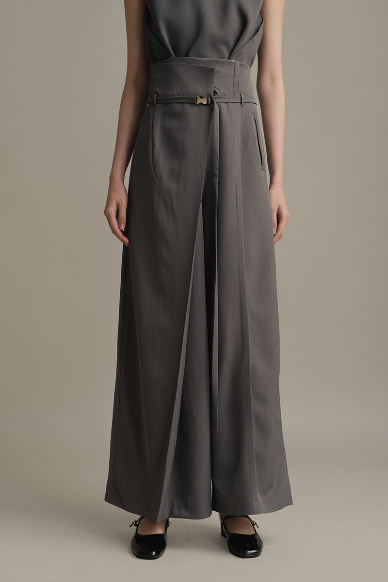 Asymmetric Wrap Wide Leg Pants In Ink Grey