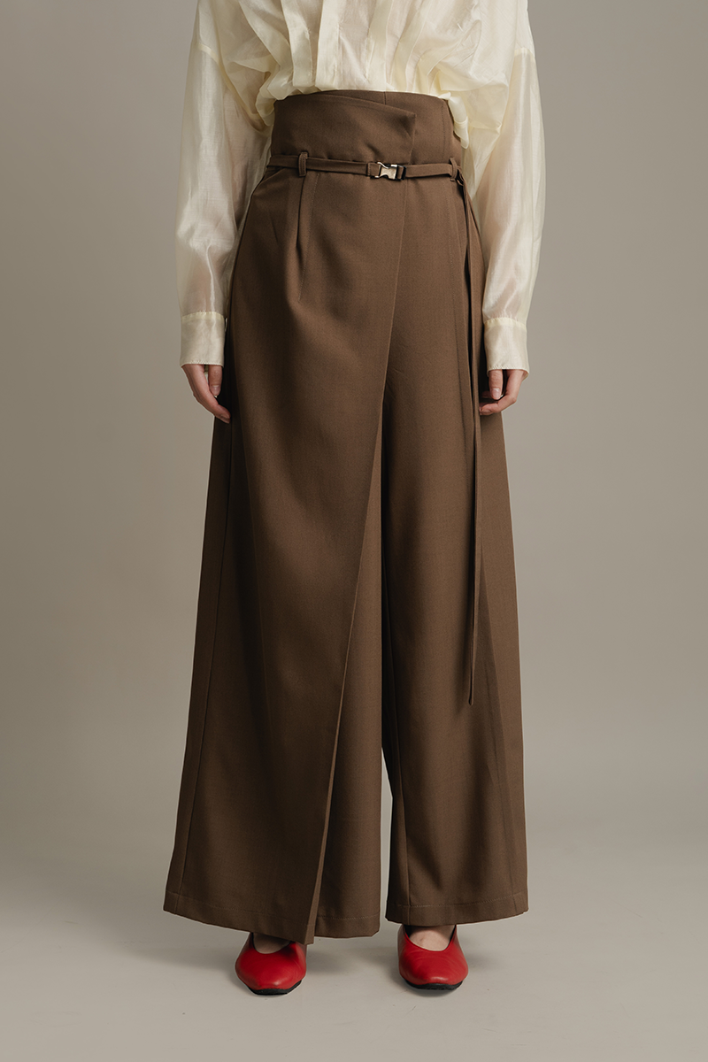 Asymmetric Wrap Wide Leg Pants In Walnut