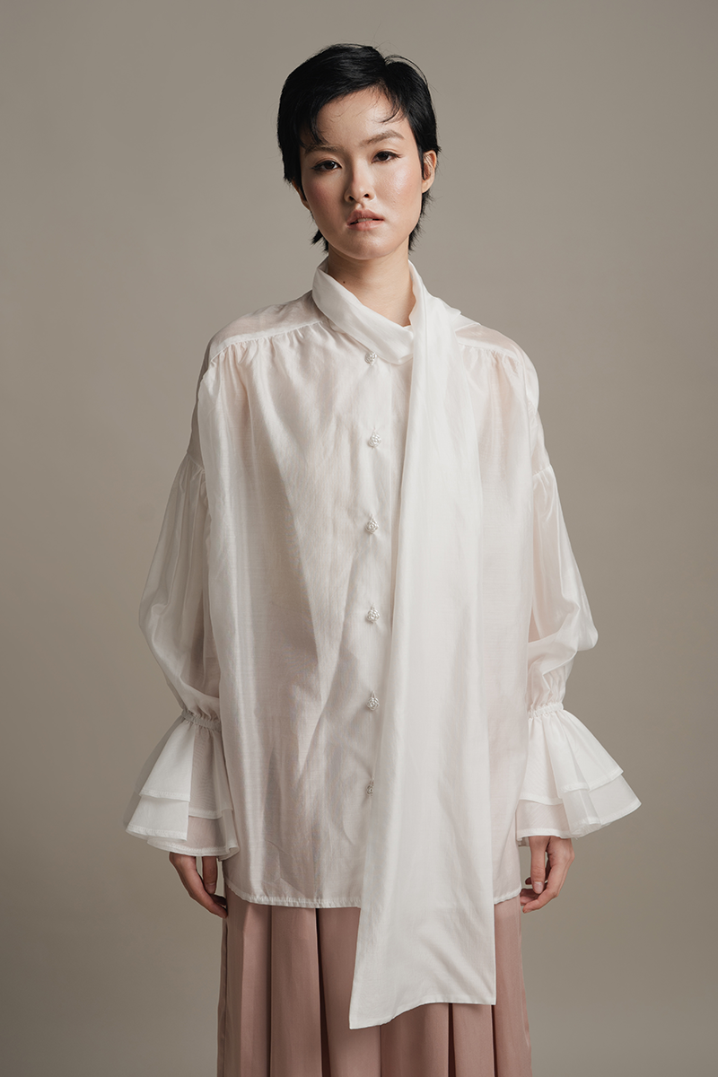 Blouse With Built-In Shawl In White