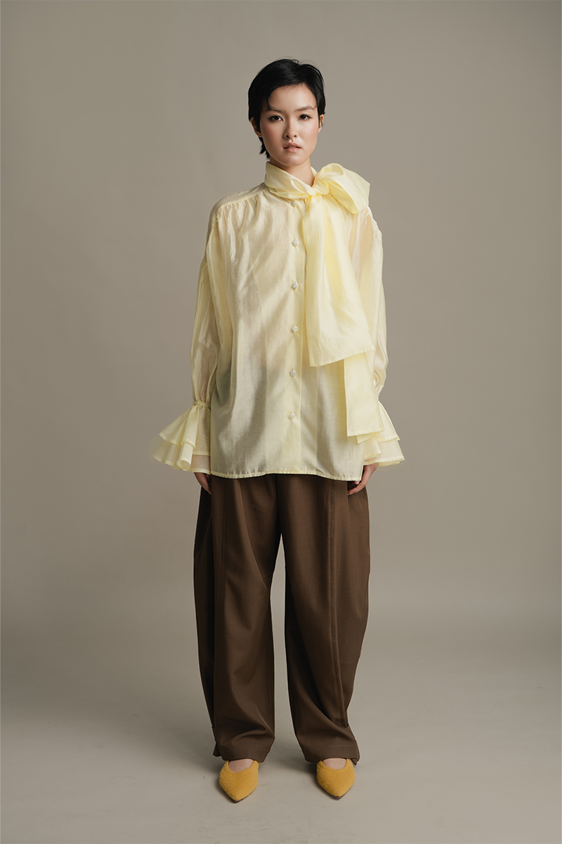 Blouse With Built-In Shawl In Yellow