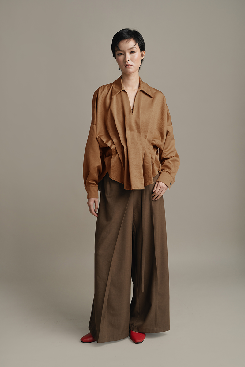 Pleated Shirt In Caramel Brown