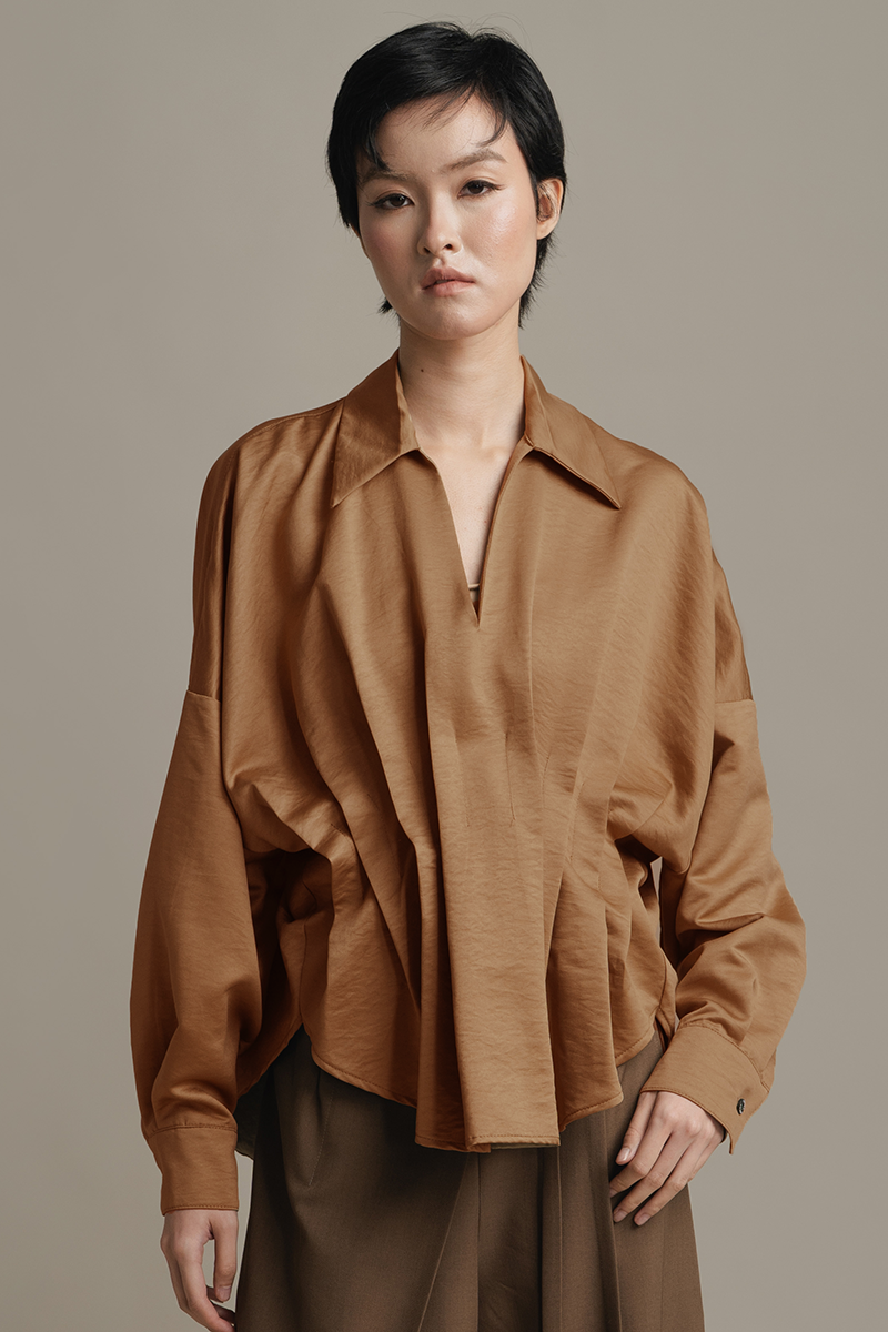 Pleated Shirt In Caramel Brown