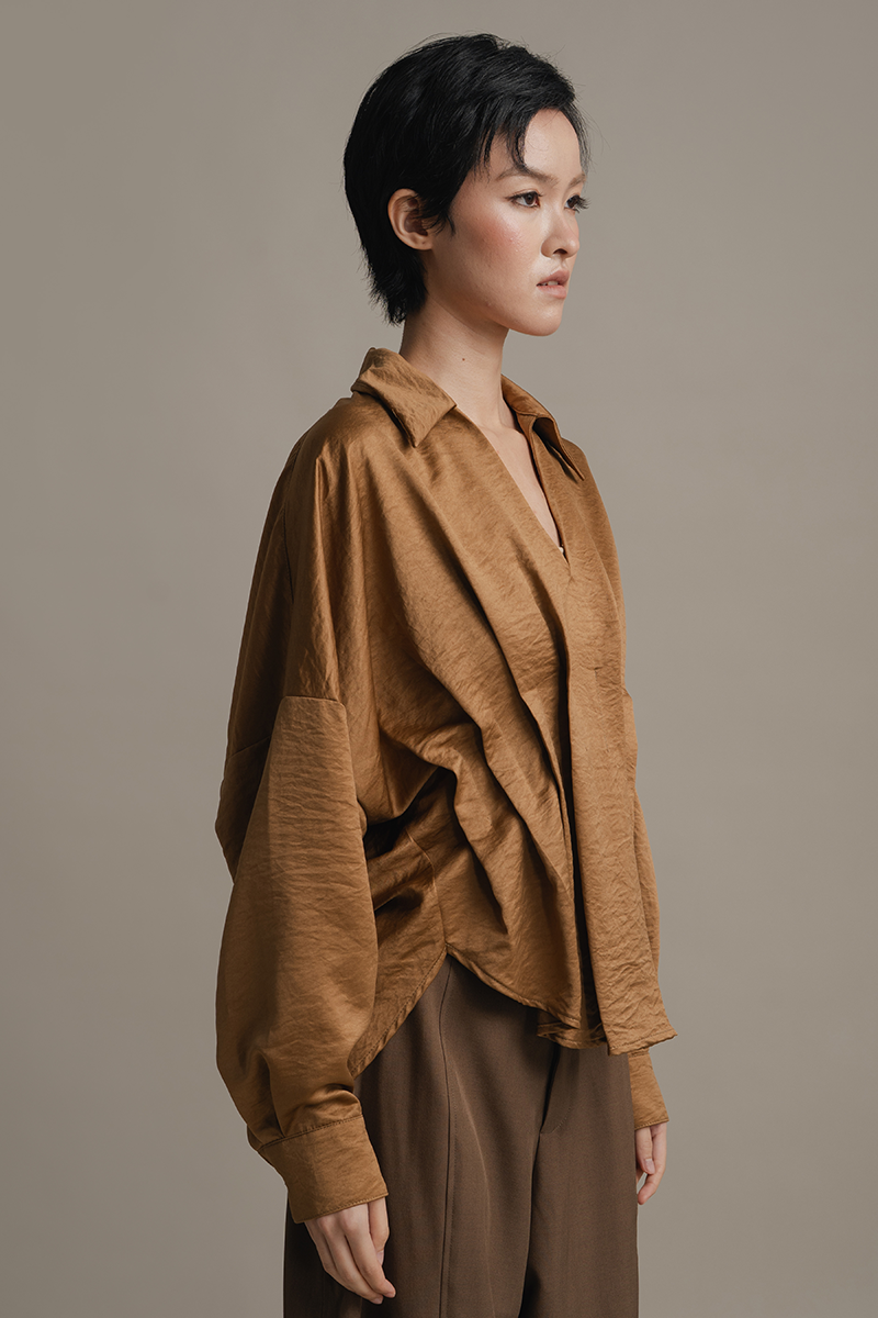 Pleated Shirt In Caramel Brown
