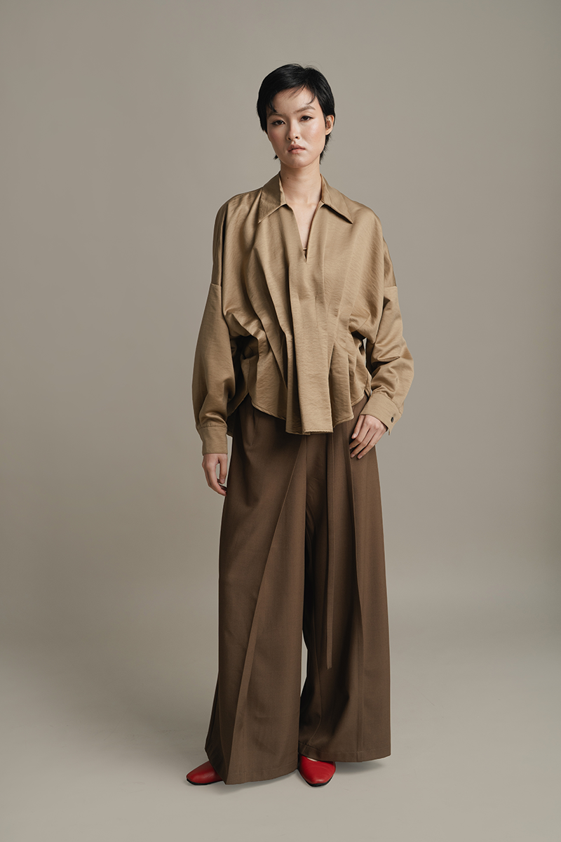 Pleated Shirt In Olive Wood