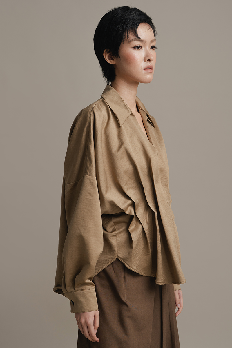 Pleated Shirt In Olive Wood