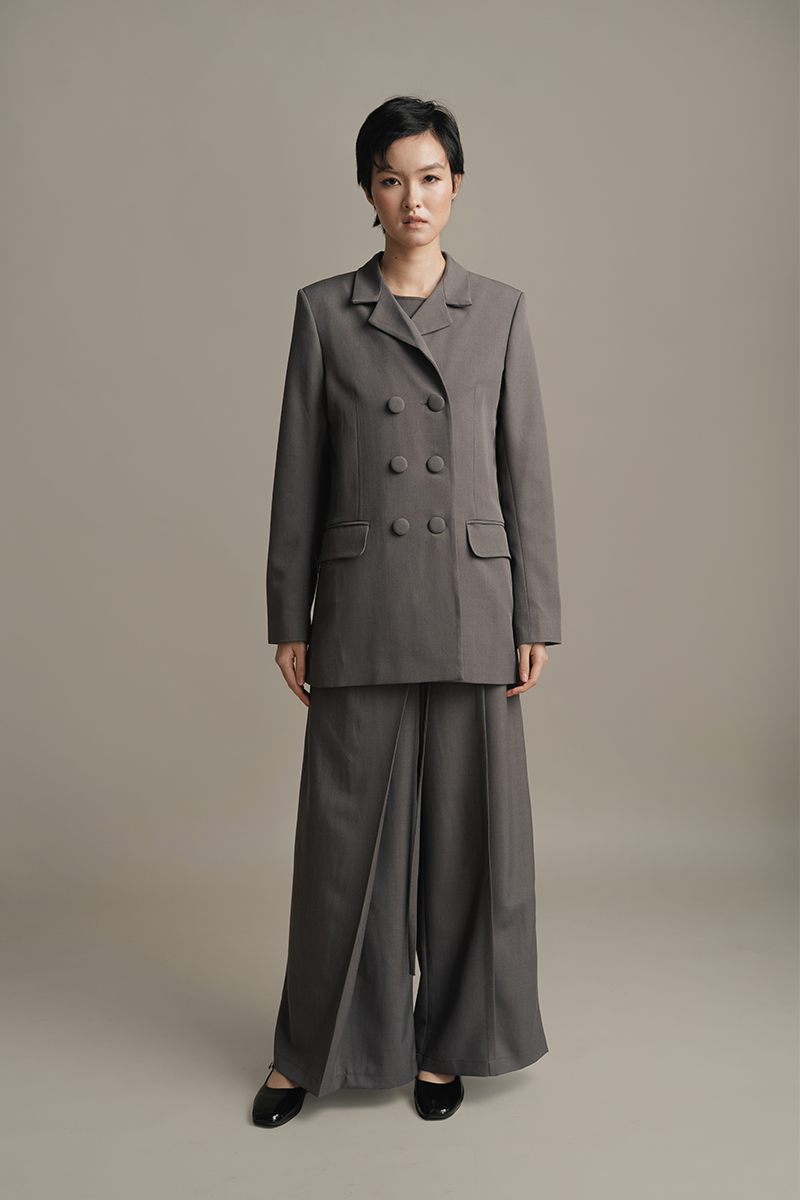 Stand Collar Longfitted Blazer In Ink Grey