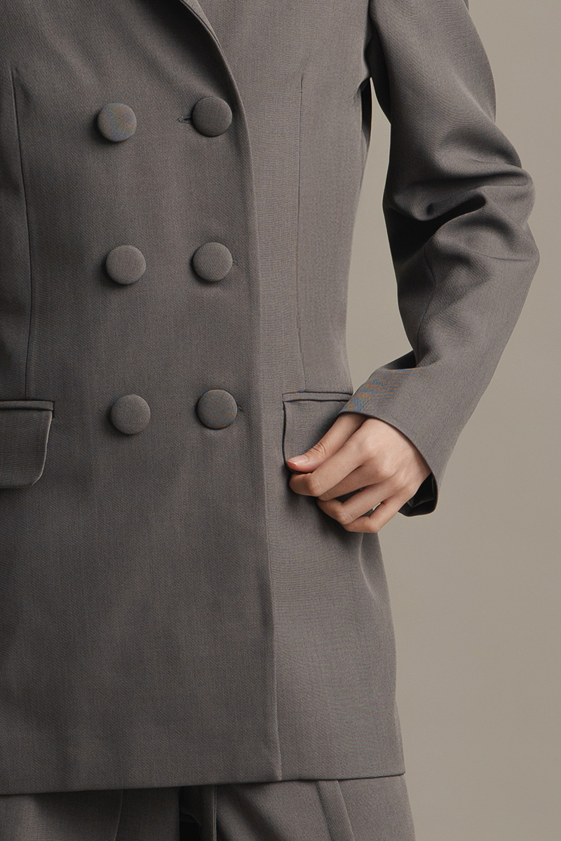Stand Collar Longfitted Blazer In Ink Grey