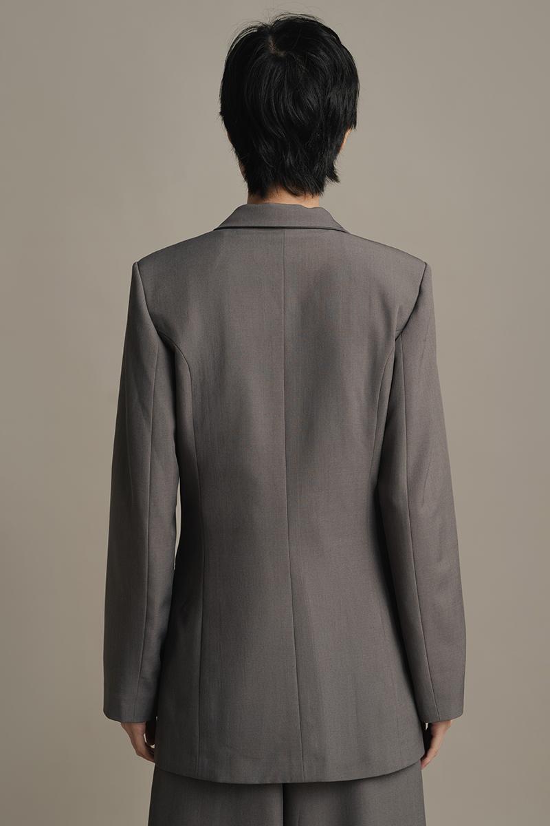Stand Collar Longfitted Blazer In Ink Grey