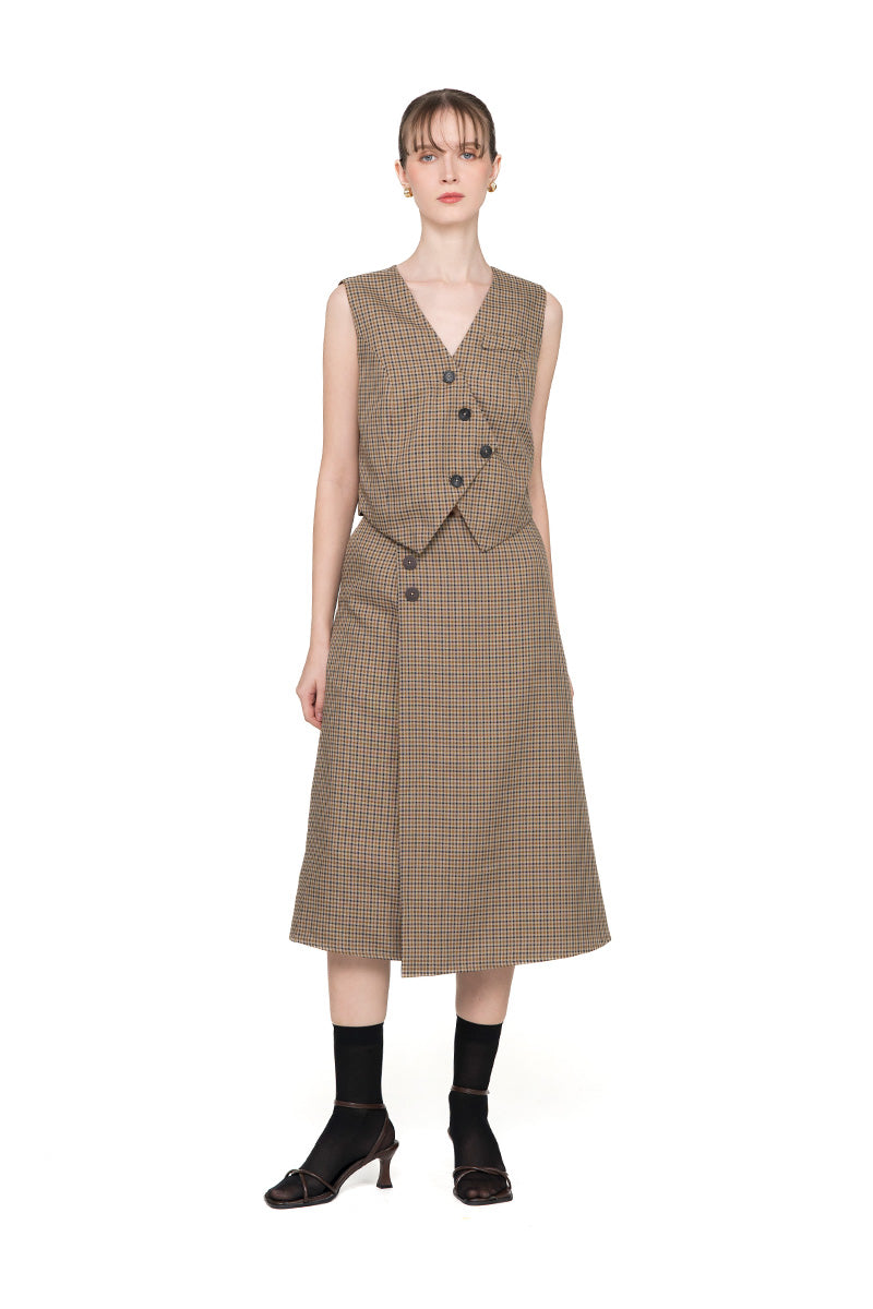 Asymmetric Buttoned Vest In Brown Houndstooth
