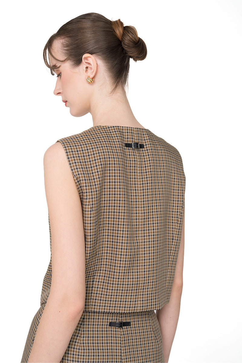 Asymmetric Buttoned Vest In Brown Houndstooth
