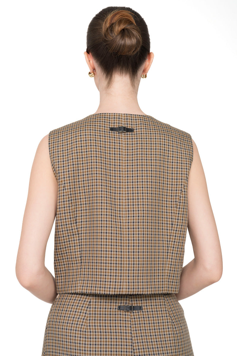 Asymmetric Buttoned Vest In Brown Houndstooth