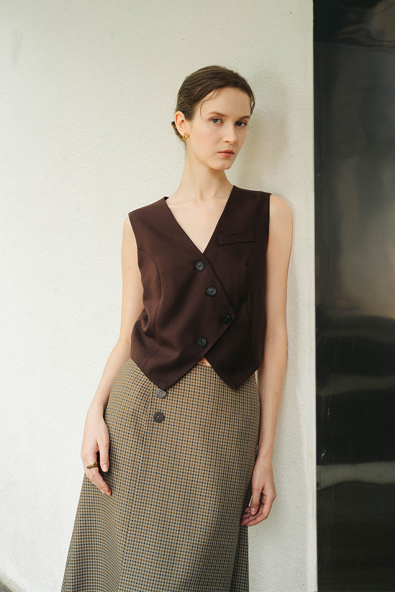 Asymmetric Buttoned Vest In Dark Brown