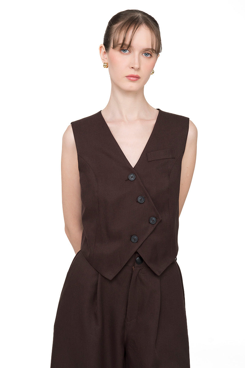 Asymmetric Buttoned Vest In Dark Brown