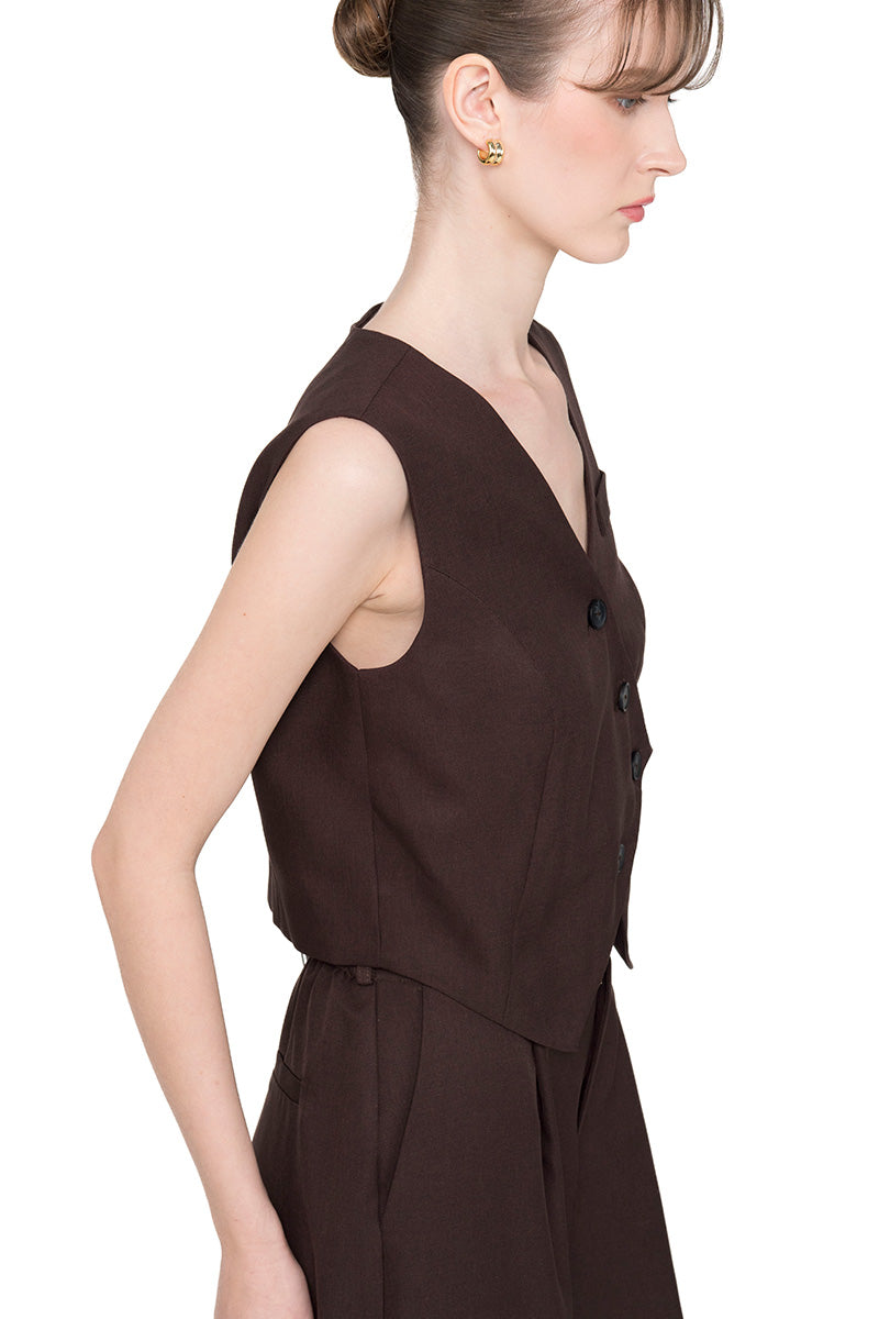 Asymmetric Buttoned Vest In Dark Brown