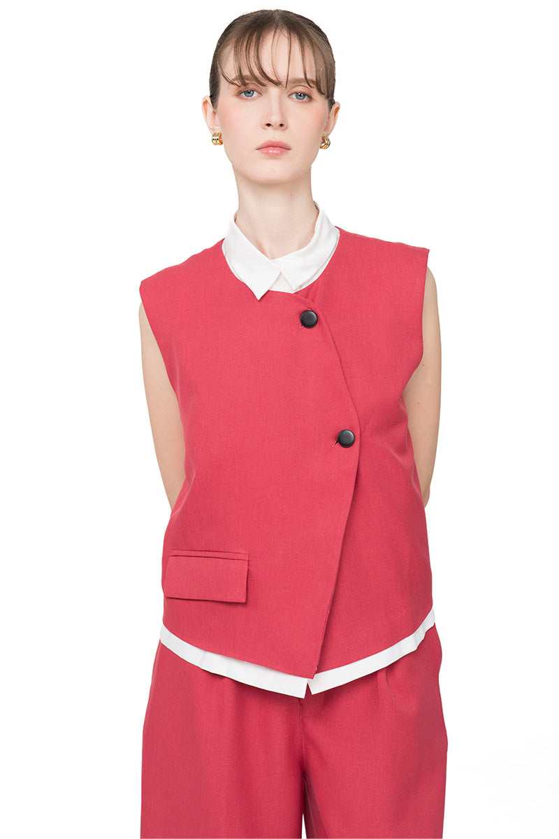 Asymmetric Buttoned Vest With Contrast Hem In Brick Red