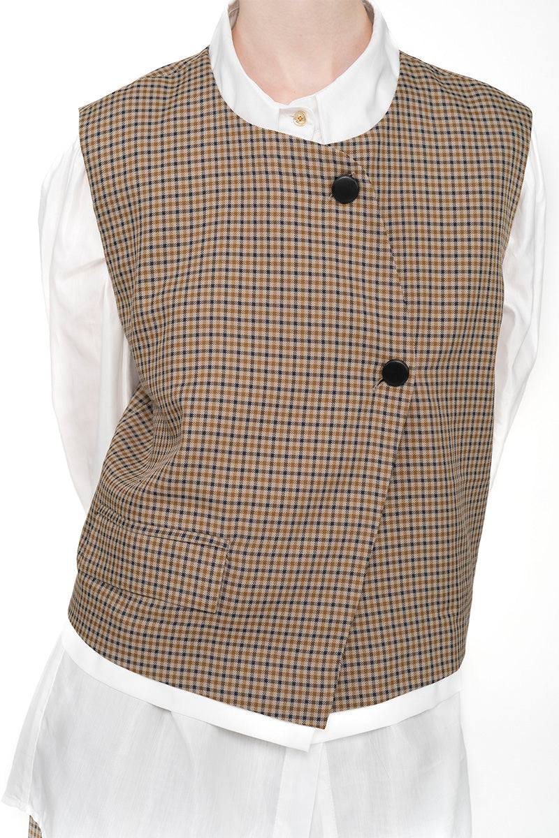 Asymmetric Buttoned Vest With Contrast Hem In Brown Houndstooth