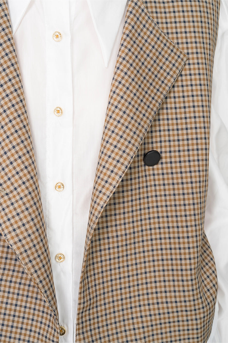 Asymmetric Buttoned Vest With Contrast Hem In Brown Houndstooth