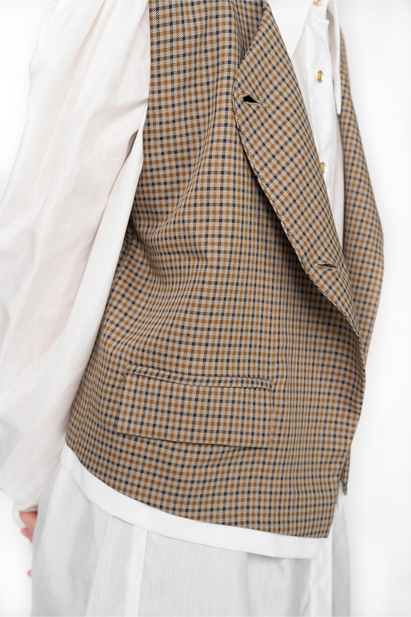 Asymmetric Buttoned Vest With Contrast Hem In Brown Houndstooth