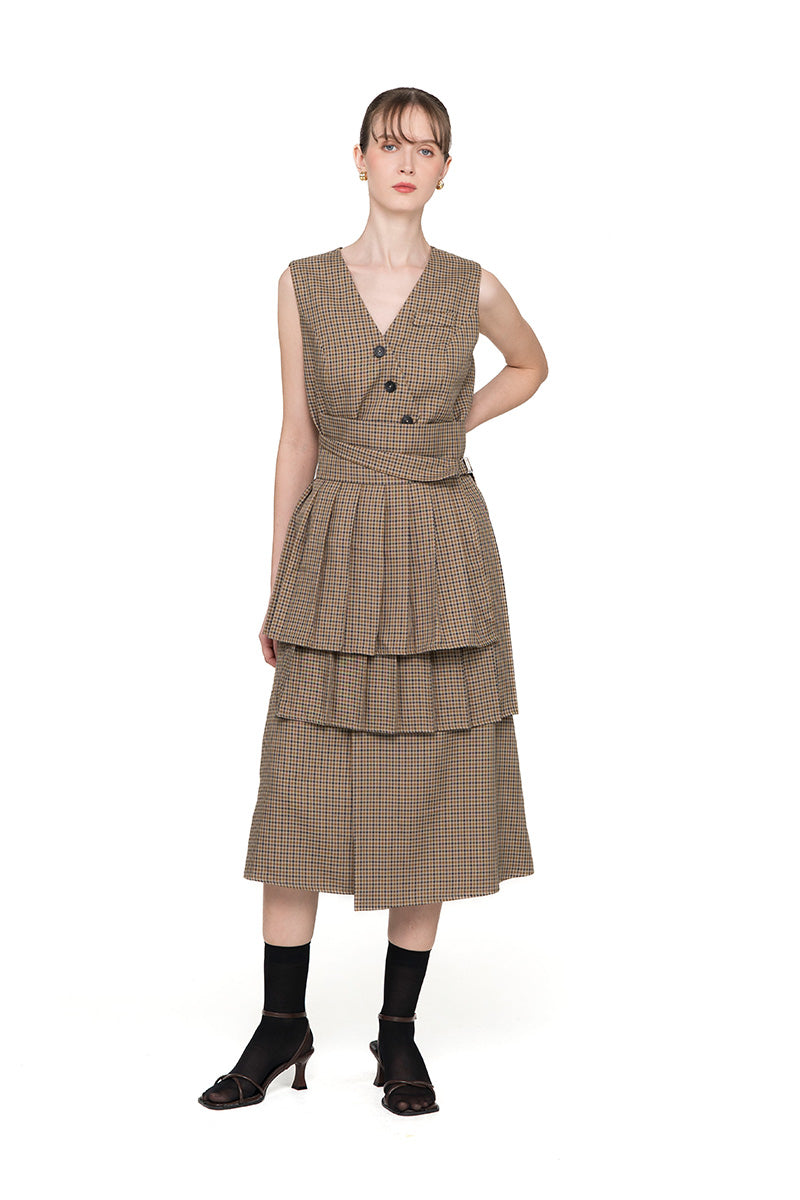 Buckle 25 Flare Pleated Obi In Brown Houndstooth