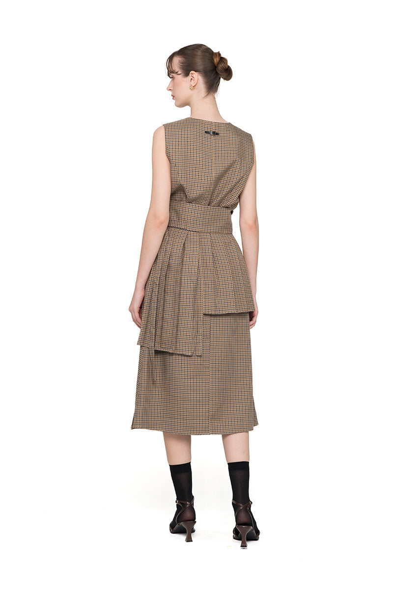 Buckle 25 Flare Pleated Obi In Brown Houndstooth