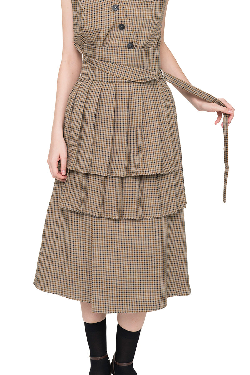 Buckle 25 Flare Pleated Obi In Brown Houndstooth