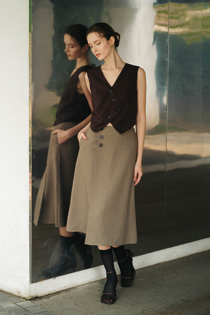 Buttoned Midi Skirt In Brown Houndstooth