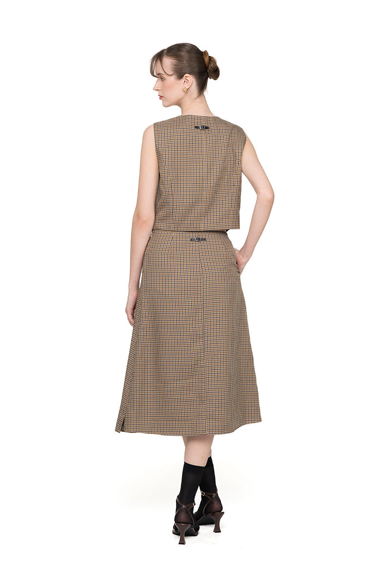 Buttoned Midi Skirt In Brown Houndstooth