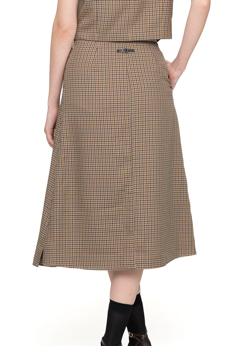 Buttoned Midi Skirt In Brown Houndstooth