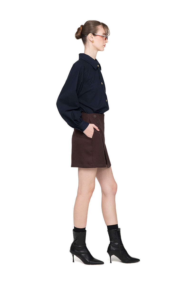 Buttoned Mini Skort In Dark Brown