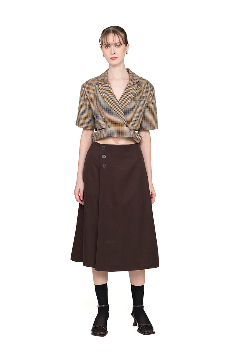 Cropped Blazer With Cutout Details In Brown Houndstooth