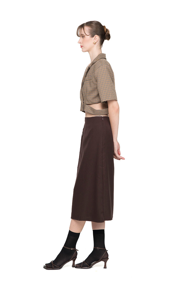 Cropped Blazer With Cutout Details In Brown Houndstooth