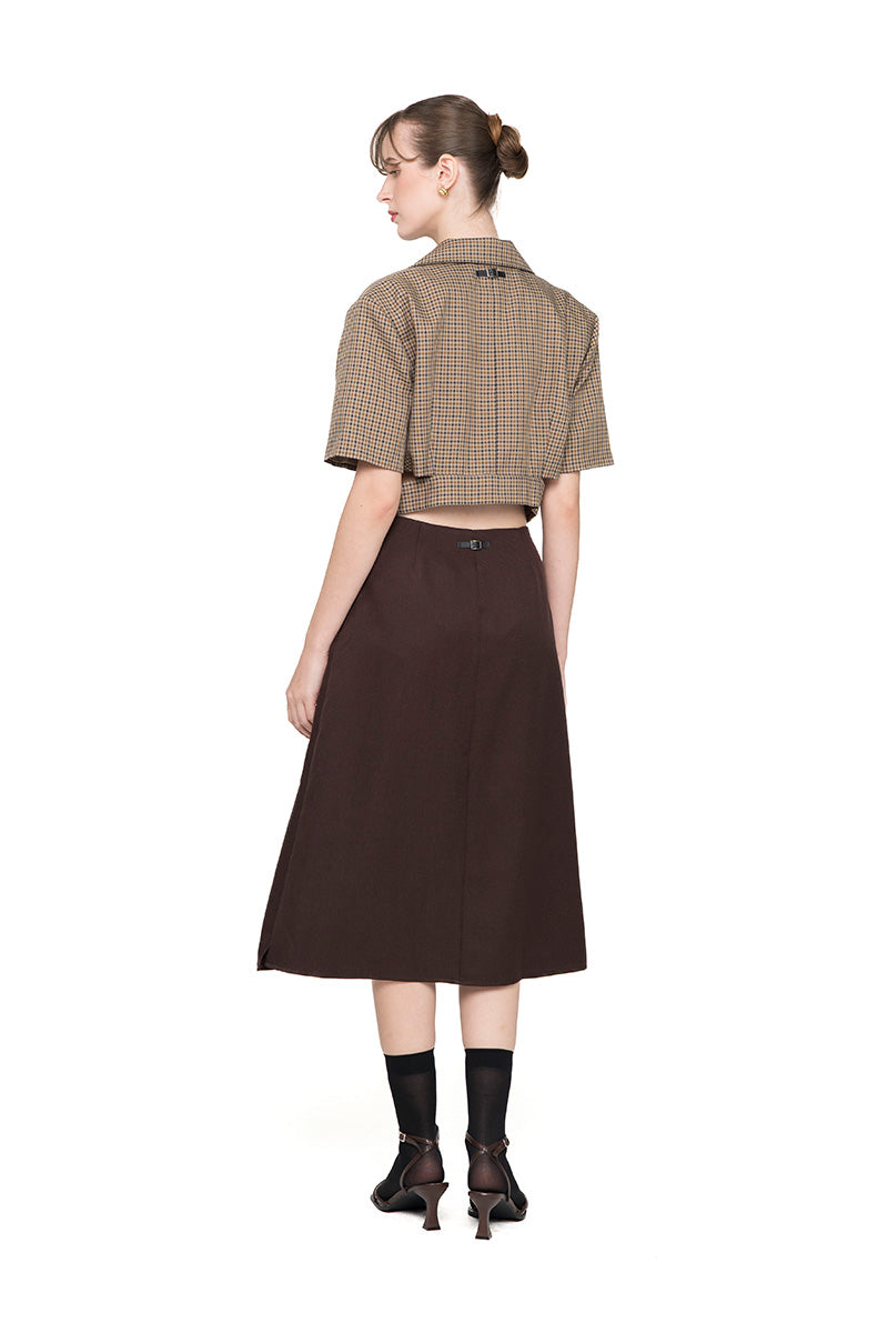 Cropped Blazer With Cutout Details In Brown Houndstooth