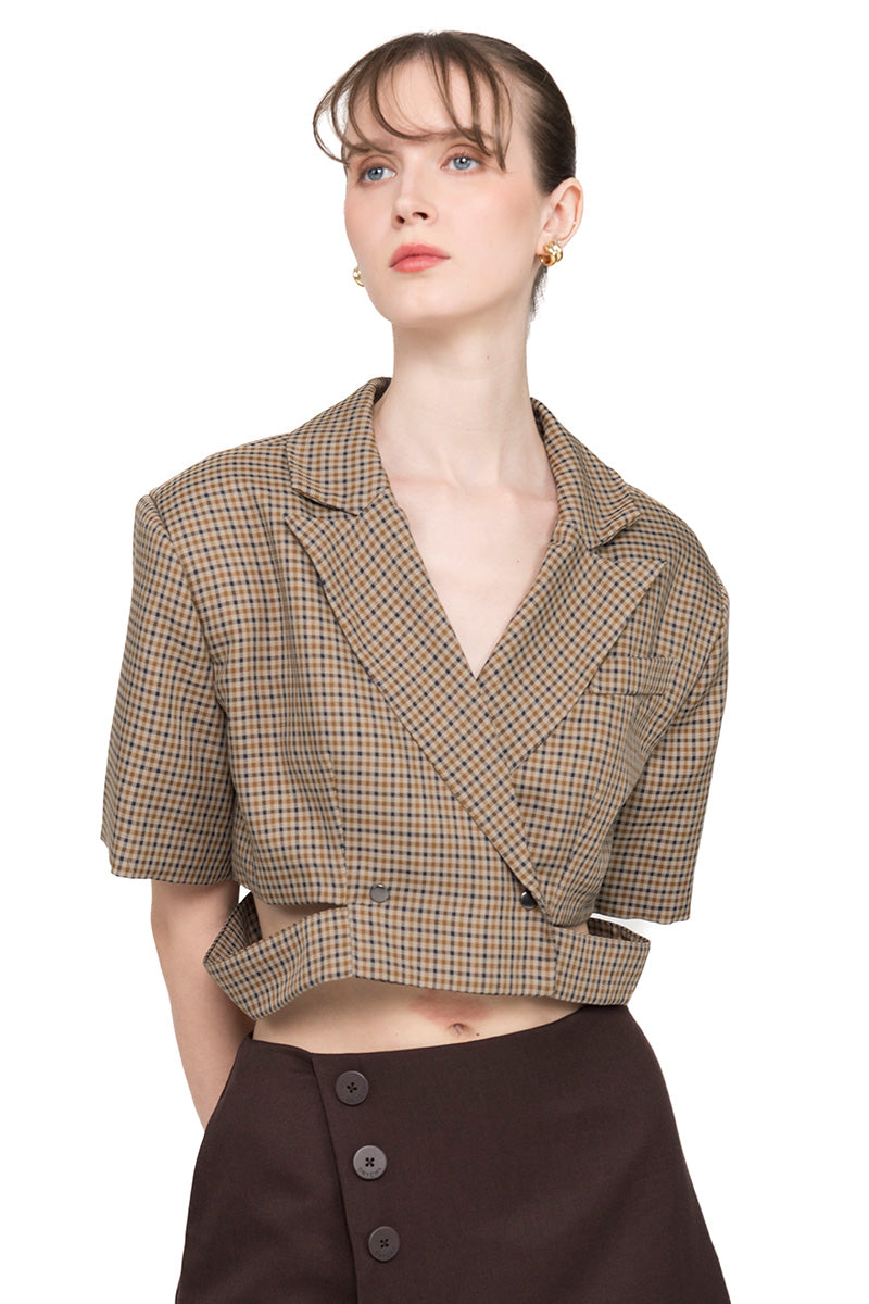 Cropped Blazer With Cutout Details In Brown Houndstooth