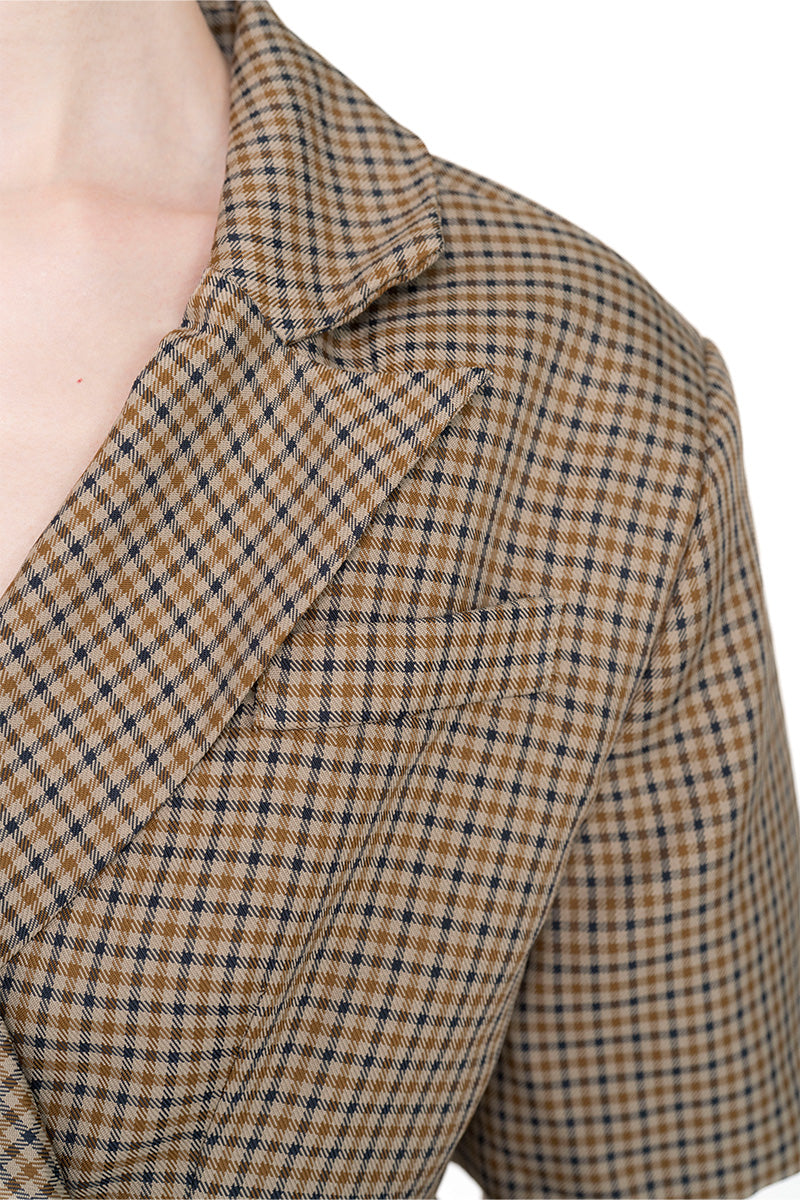 Cropped Blazer With Cutout Details In Brown Houndstooth