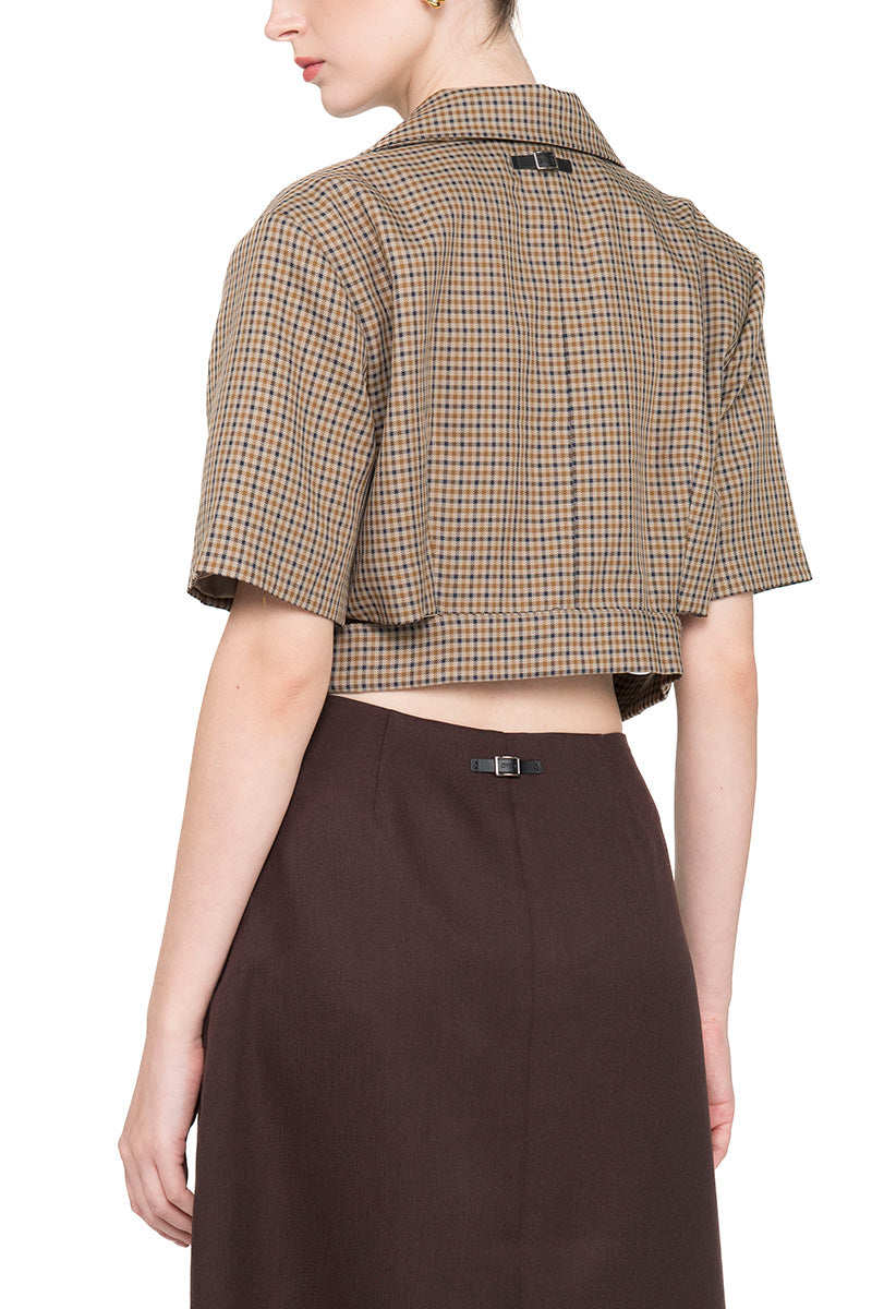 Cropped Blazer With Cutout Details In Brown Houndstooth