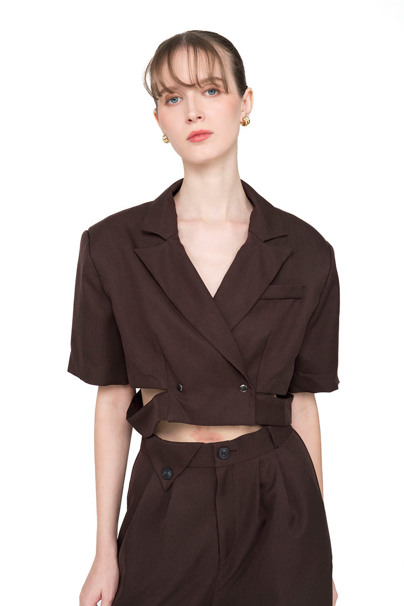 Cropped Blazer With Cutout Details In Dark Brown